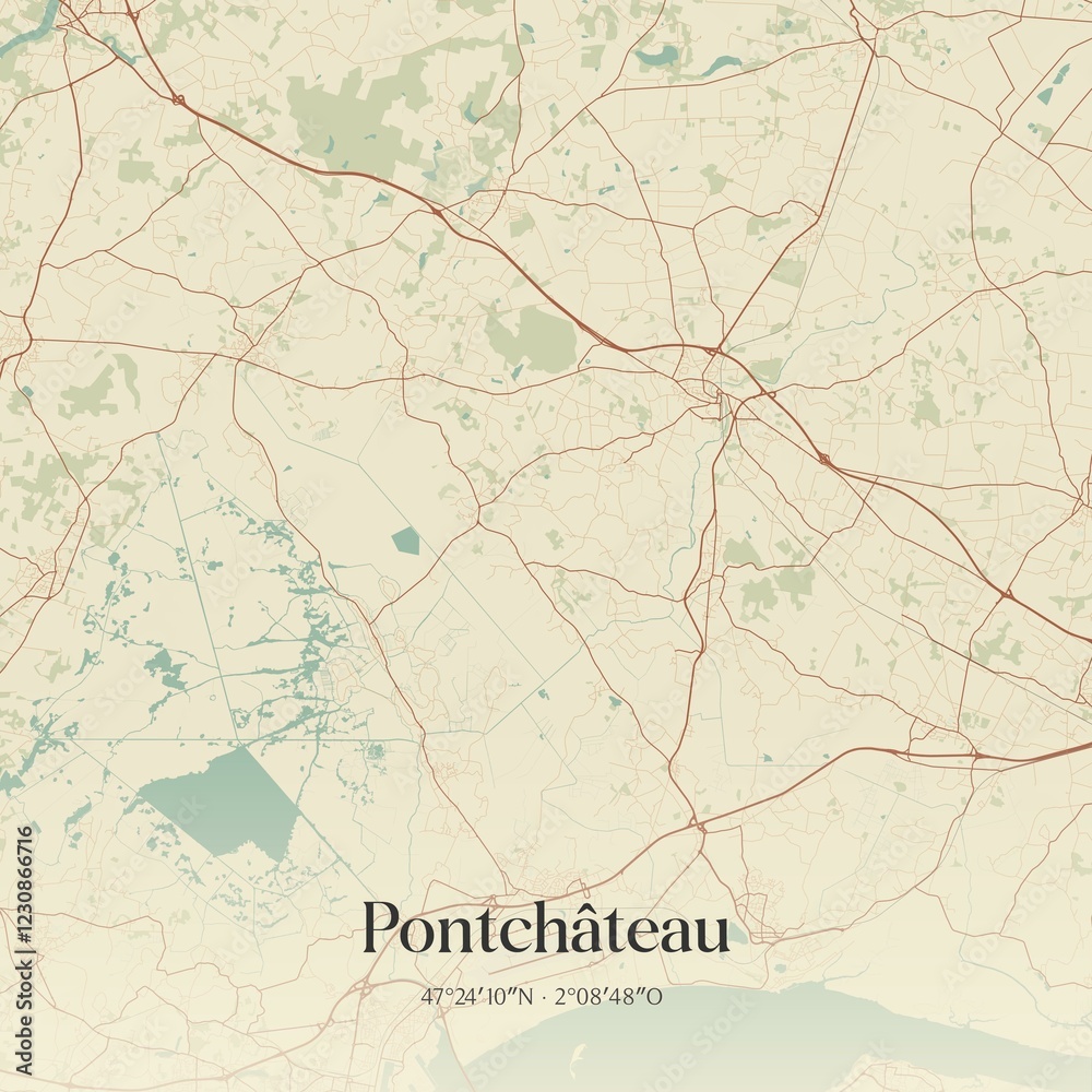 Fototapeta premium Retro map of Pontch�teau, Pays de la Loire, France. Vintage street map.