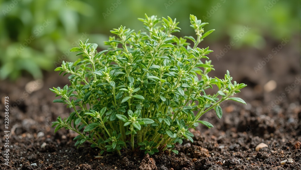 Fresh marjoram herbs growing in nutrient rich soil