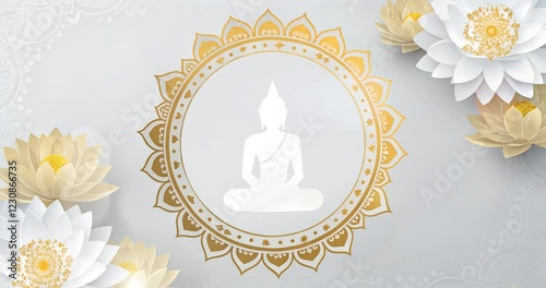 Vesak greeting day with a white theme and the silhouette of a Buddha statue