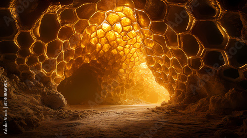 Golden grotto: a mesmerizing digital art landscape of a cavern glowing with intricate, golden honeycomb-like structures. the scene evokes a sense of mystery and wonder. Gilded Cavern. Illustration photo