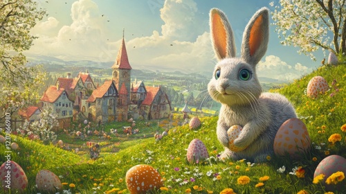Fluffy White Bunny with Easter Eggs in a Spring Village