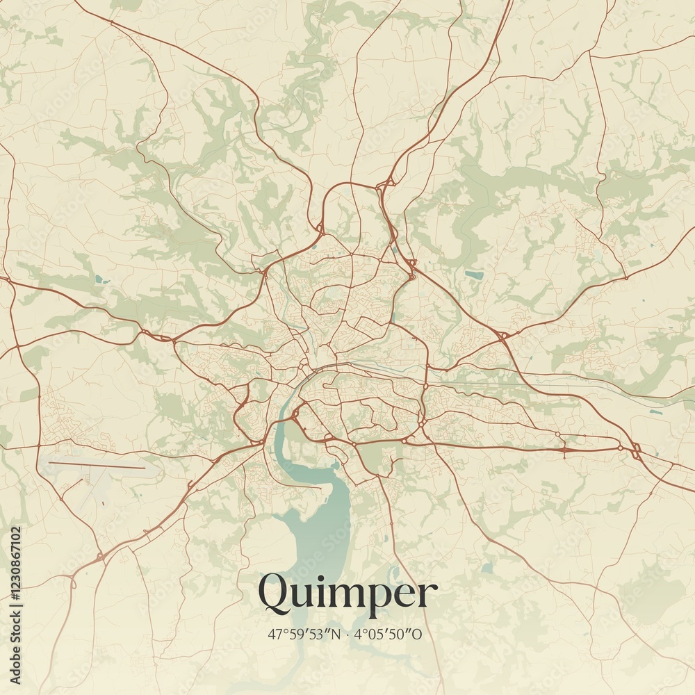 Obraz premium Retro map of Quimper, Bretagne, France. Vintage street map.