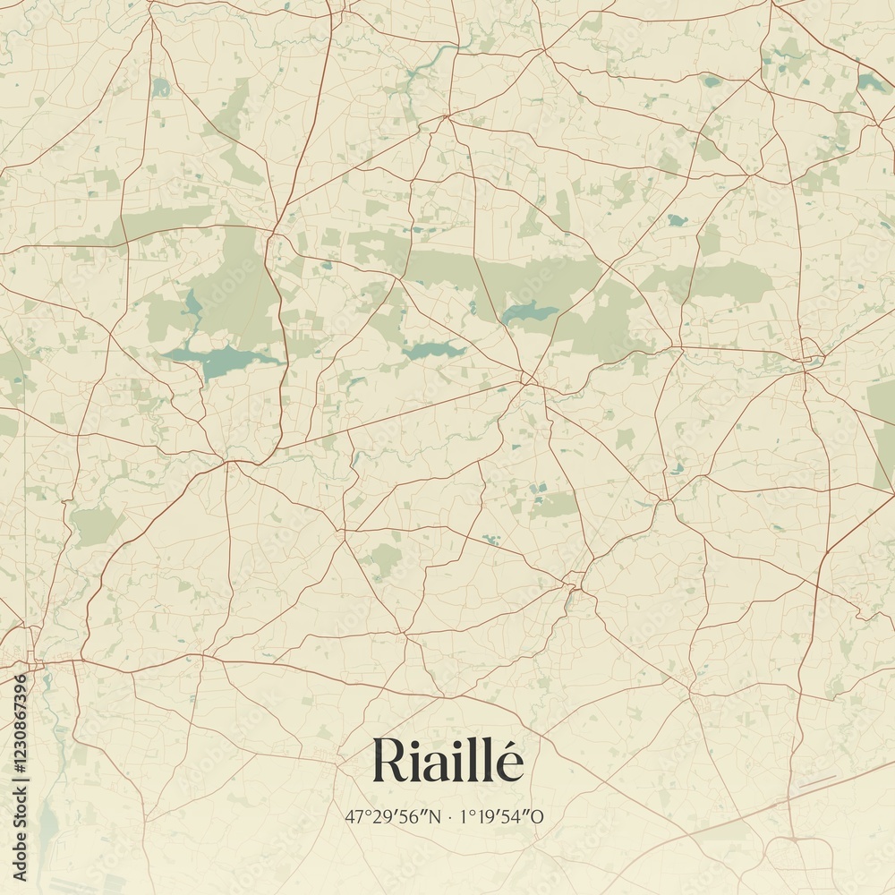 Fototapeta premium Retro map of Riaill�, Pays de la Loire, France. Vintage street map.