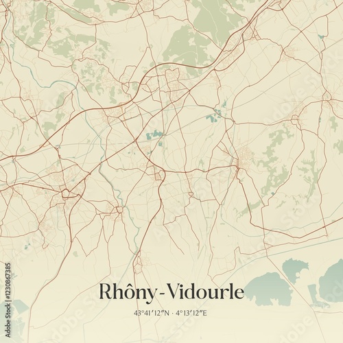 Retro map of Rh�ny-Vidourle, Occitanie, France. Vintage street map.