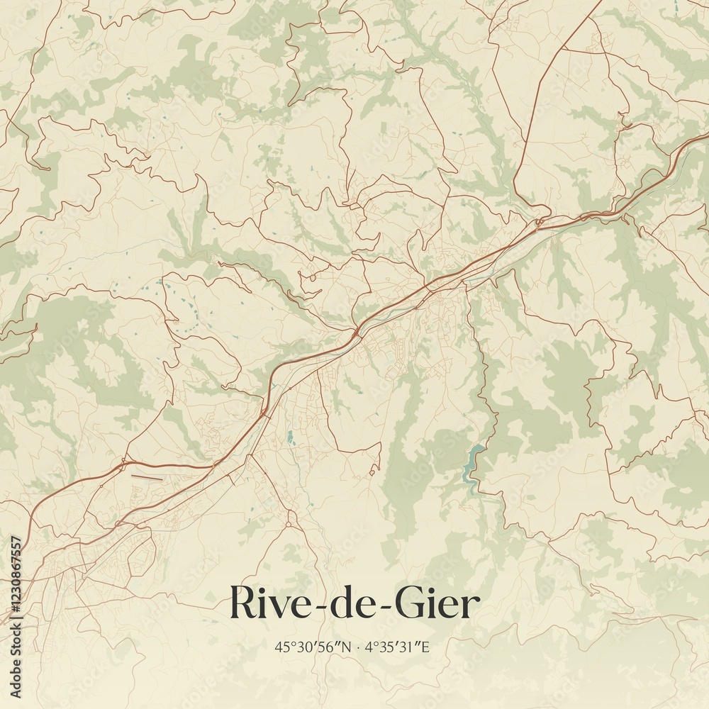 Fototapeta premium Retro map of Rive-de-Gier, Auvergne-Rh�ne-Alpes, France. Vintage street map.
