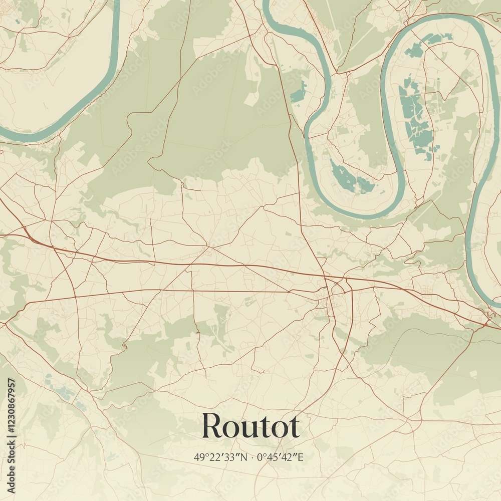 Obraz premium Retro map of Routot, Normandie, France. Vintage street map.