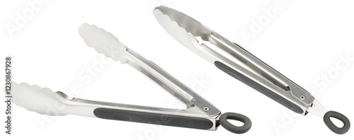 Tongs. Cooking kitchen tongs with soft-grip silicone handles. Durable stainless steel tongs with locking for cooking. Tongs with silicone rubber grips and metal tips for BBQ. Kitchenware for kitchen photo