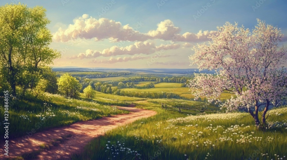 Vibrant Spring Landscape with Blooming Trees and Sunny Path Vibrant Spring Landscape with Blooming Trees and Sunny Path