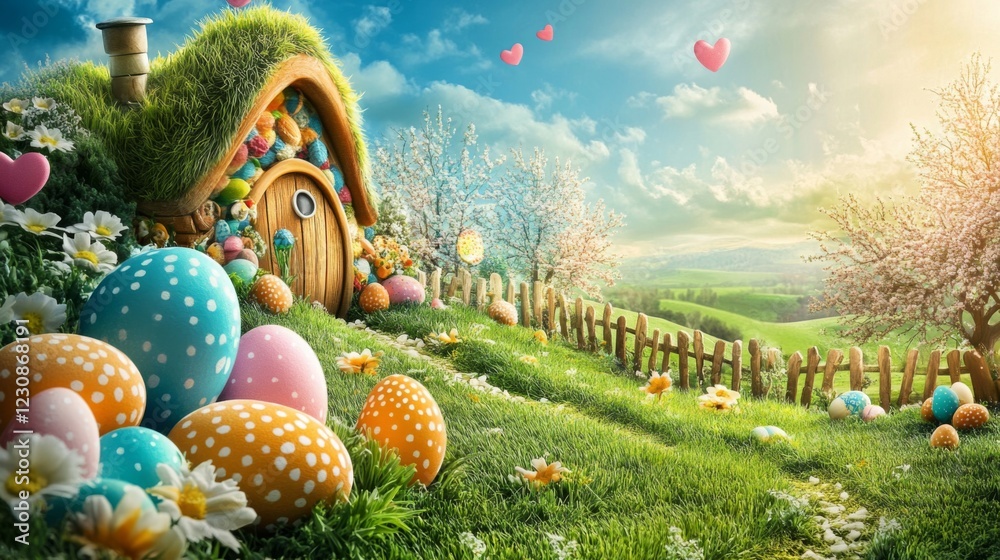 Whimsical Easter Cottage with Colorful Eggs and Flowers
