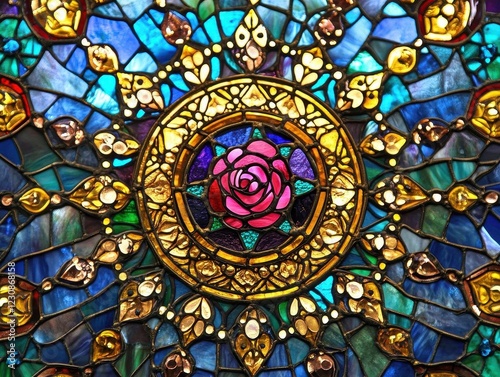 art nouveau-inspired stained glass mandala, intricate floral patterns in jewel tones, radiating from central rose motif with golden leading