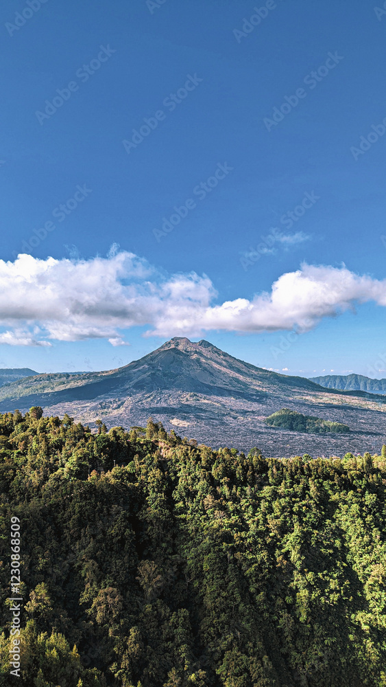 Fototapeta premium Lush Forest with Towering Volcano and Clear Blue Sky