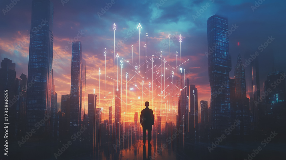 Abstract business man stands on Smart digital Innovation city with connection network reciprocity over the twilight cityscape. of future wireless digital city and social media networking systems
Abstract business man stands on Smart digital Innovation city with connection network reciprocity over the twilight cityscape. of future wireless digital city and social media networking systems