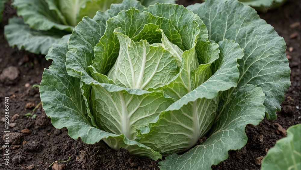 Close up of fresh Napa cabbage in soil vibrant green crinkled leaves Close up of fresh Napa cabbage in soil vibrant green crinkled leaves
