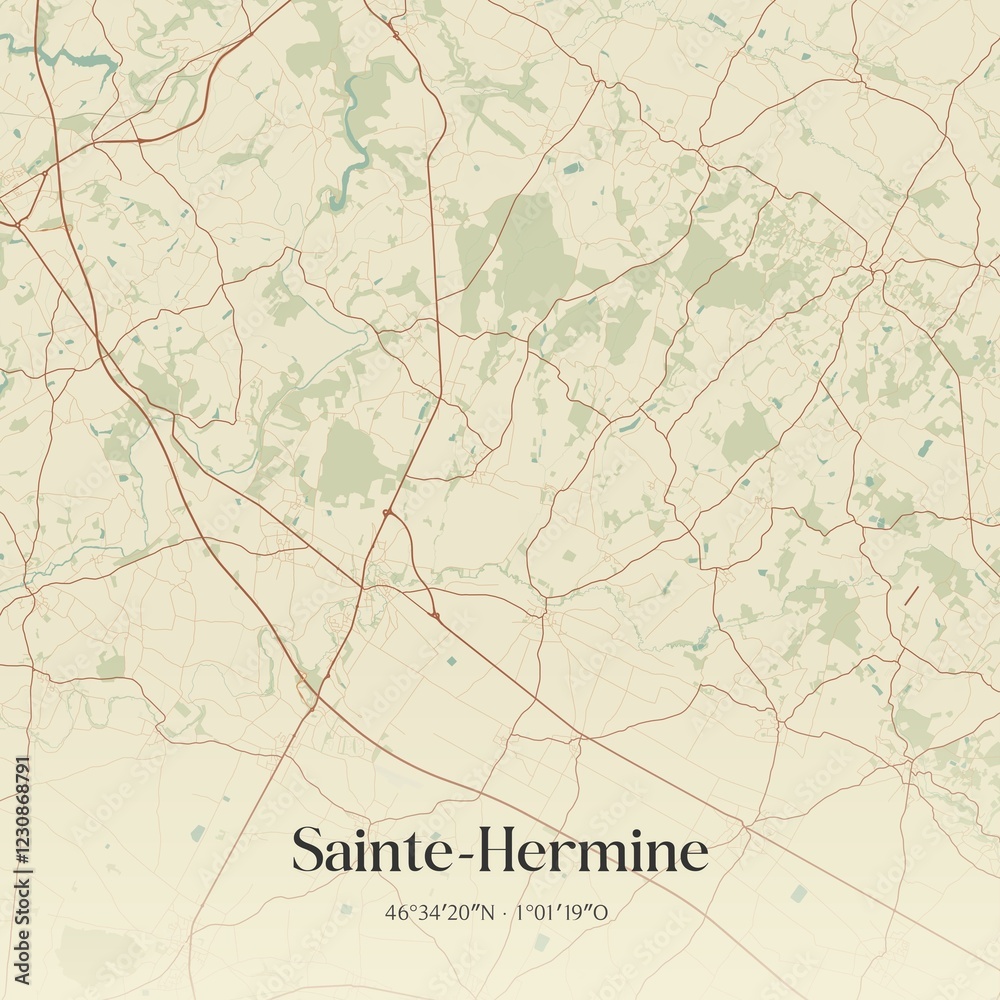 Fototapeta premium Retro map of Sainte-Hermine, Pays de la Loire, France. Vintage street map.