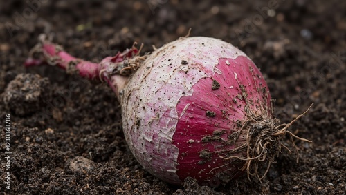 Freshly pulled red cipollini onion with dirt covered skin on dark soil photo