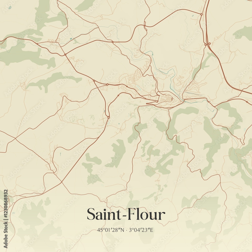 Fototapeta premium Retro map of Saint-Flour, Auvergne-Rh�ne-Alpes, France. Vintage street map.