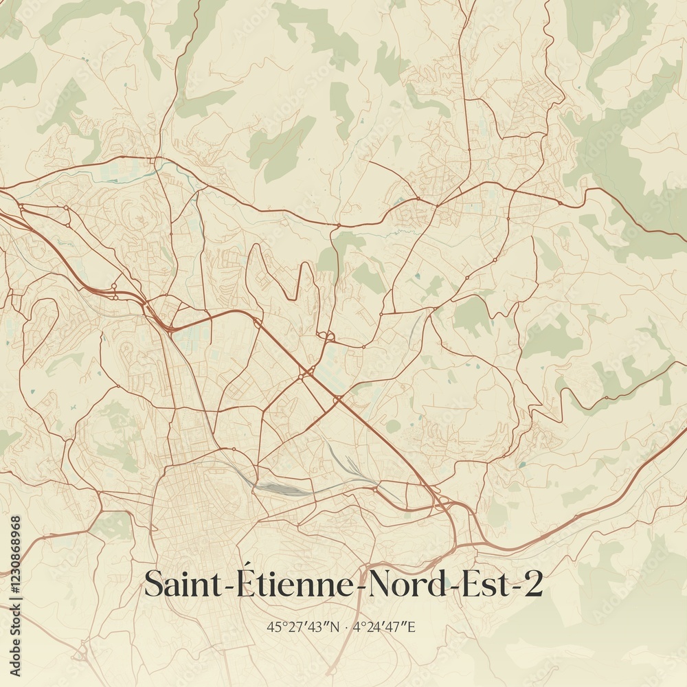 Fototapeta premium Retro map of Saint-�tienne-Nord-Est-2, Auvergne-Rh�ne-Alpes, France. Vintage street map.
