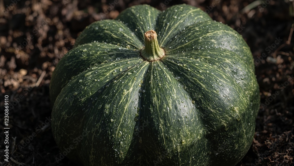 Fresh acorn squash with water droplets on soil Fresh acorn squash with water droplets on soil