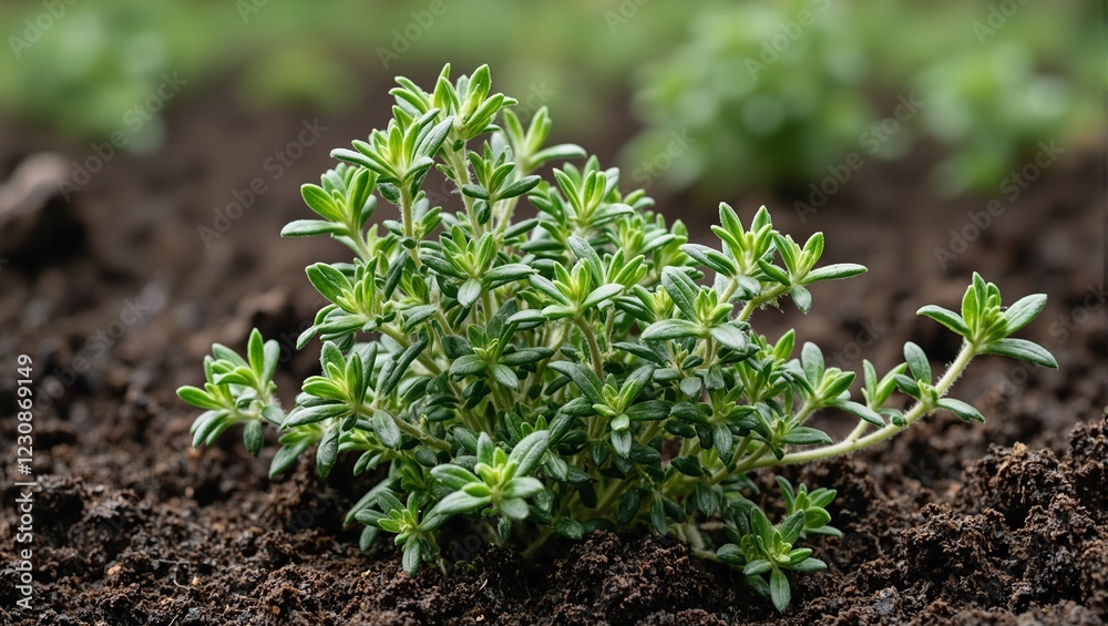 Fresh thyme sprigs growing in rich soil delicate leaves and wiry stems vivid against dark ground Fresh thyme sprigs growing in rich soil delicate leaves and wiry stems vivid against dark ground