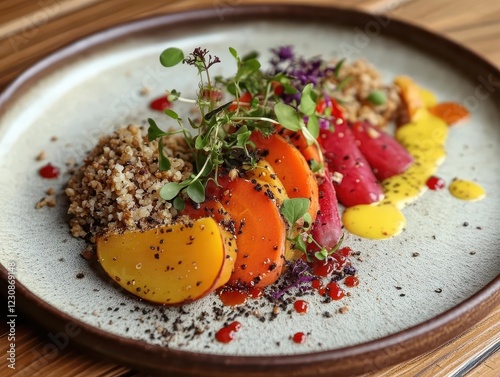 Wallpaper Mural artistically arranged plant-based meal with rainbow-colored vegetables, ancient grains, and microgreens on rustic wooden table with natural lighting Torontodigital.ca