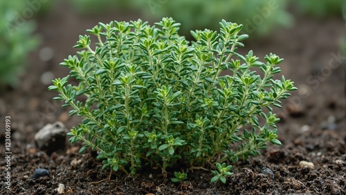 Fresh thyme sprigs growing in rich soil delicate leaves and wiry stems vivid against dark ground