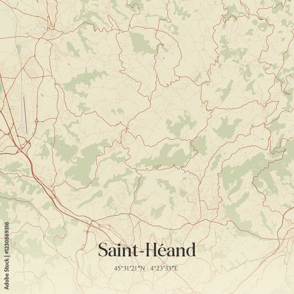 Fototapeta premium Retro map of Saint-H�and, Auvergne-Rh�ne-Alpes, France. Vintage street map.