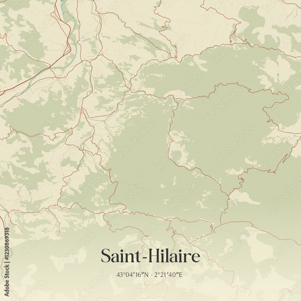 Fototapeta premium Retro map of Saint-Hilaire, Occitanie, France. Vintage street map.