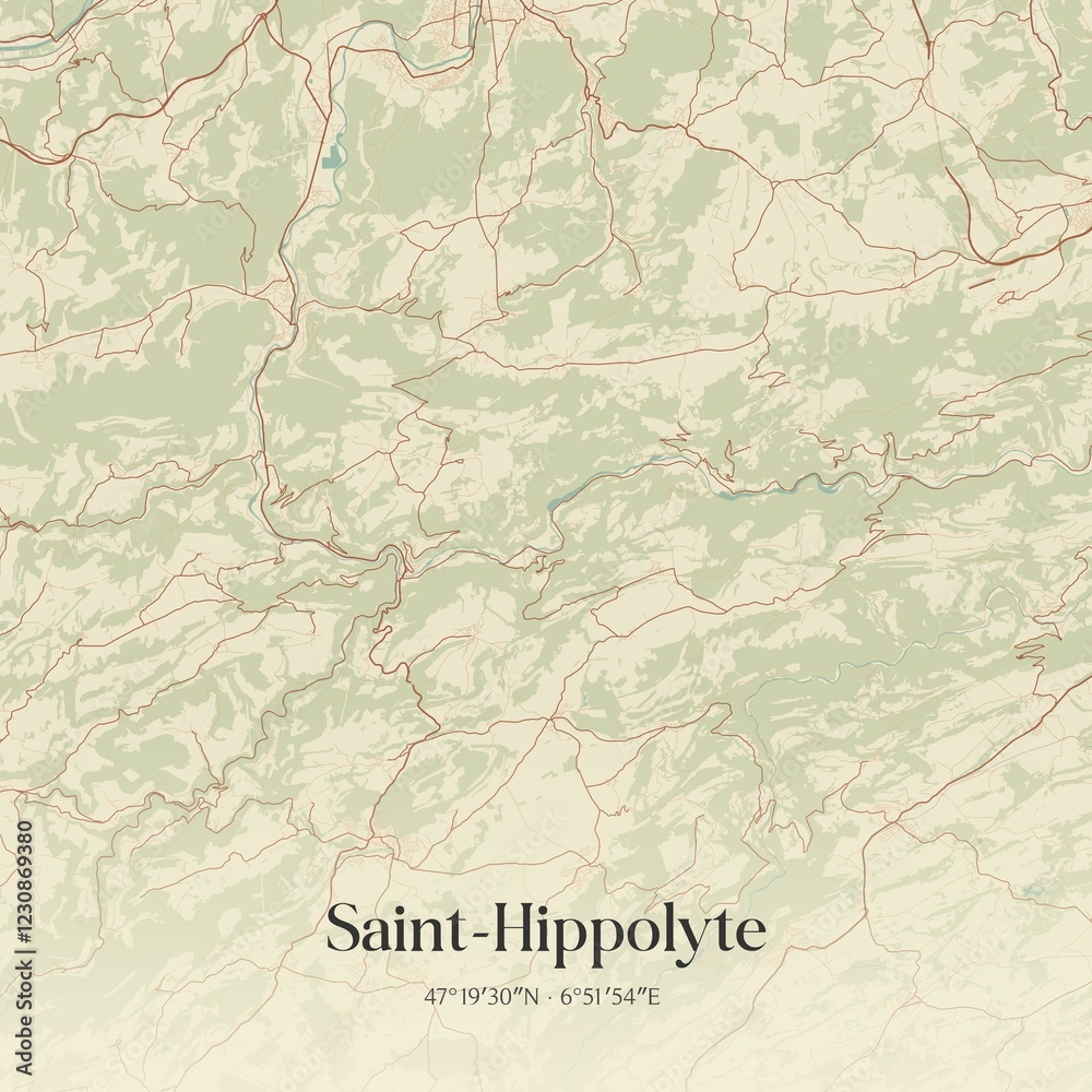 Fototapeta premium Retro map of Saint-Hippolyte, Bourgogne-Franche-Comt�, France. Vintage street map.