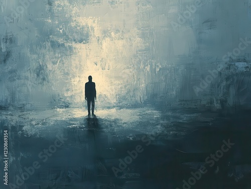 atmospheric digital painting of solitary figure in depression, muted blues and grays, dramatic shadows, emotional character study