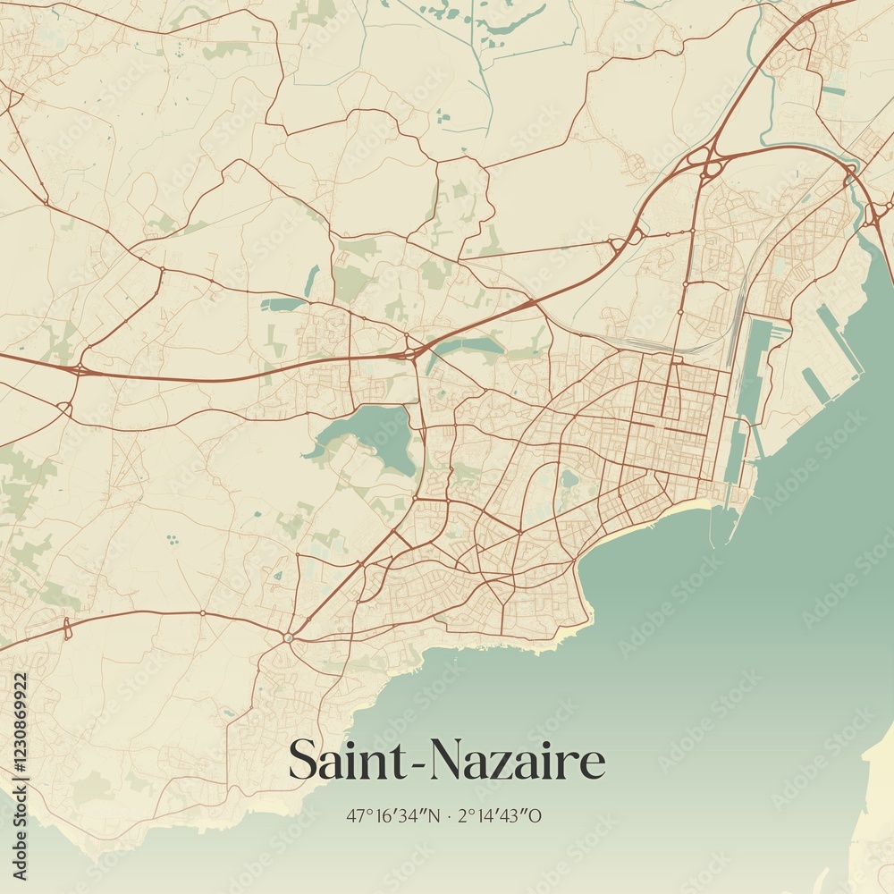 Retro map of Saint-Nazaire, Pays de la Loire, France. Vintage street map.