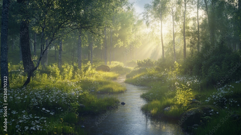 Sunlit Forest Stream: Green Birch Trees and White Flowers Sunlit Forest Stream: Green Birch Trees and White Flowers