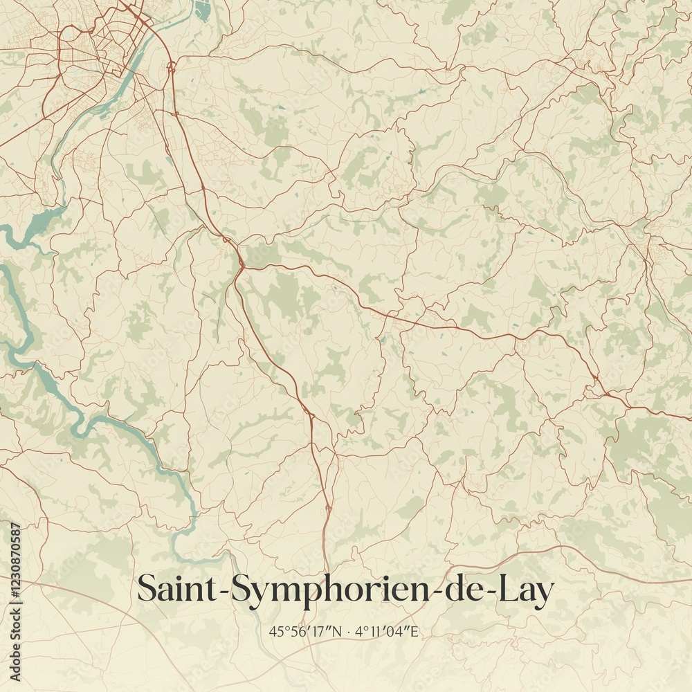 Fototapeta premium Retro map of Saint-Symphorien-de-Lay, Auvergne-Rh�ne-Alpes, France. Vintage street map.