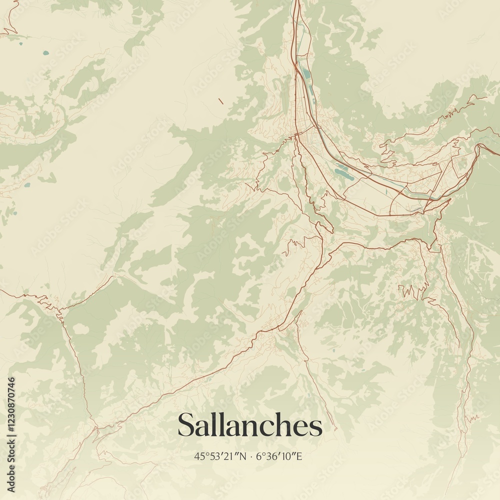 Fototapeta premium Retro map of Sallanches, Auvergne-Rh�ne-Alpes, France. Vintage street map.