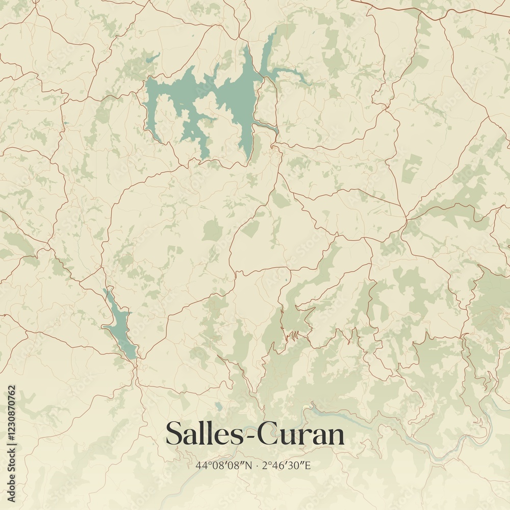 Fototapeta premium Retro map of Salles-Curan, Occitanie, France. Vintage street map.