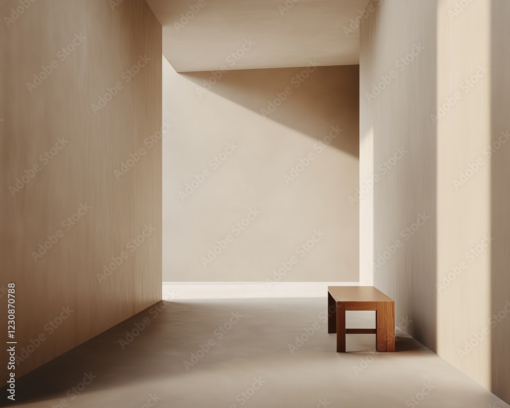 Fototapeta premium Minimalist Hallway with Warm Lighting and a Wooden Bench