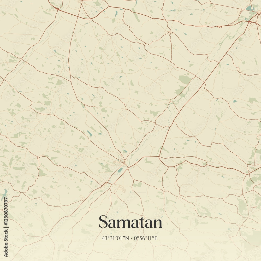 Fototapeta premium Retro map of Samatan, Occitanie, France. Vintage street map.