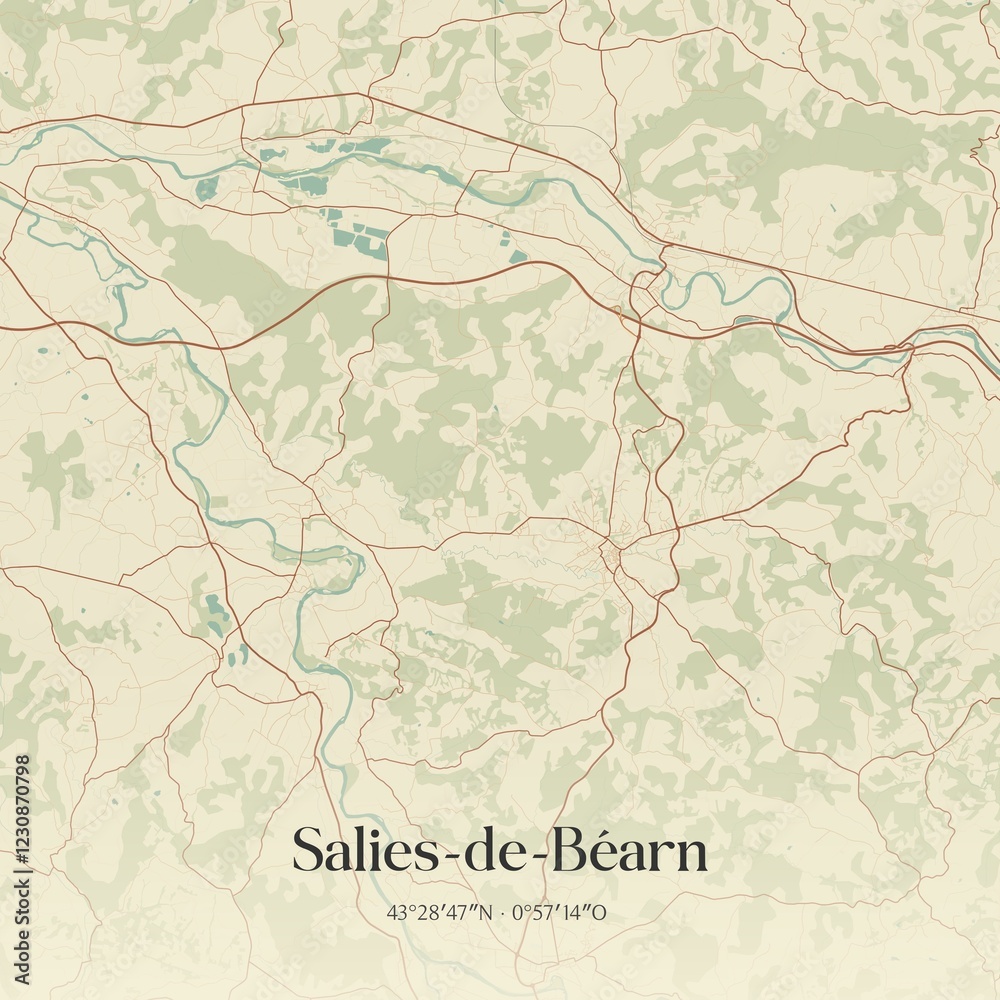 Obraz premium Retro map of Salies-de-B�arn, Nouvelle-Aquitaine, France. Vintage street map.