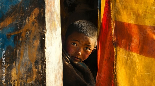 Playful Tibetan Child Monk Peeking Behind Monastery Pillar at Sunset with Vibrant Prayer Flags and Golden Glow