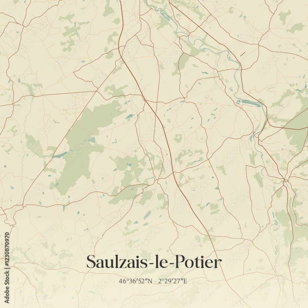 Fototapeta premium Retro map of Saulzais-le-Potier, Centre-Val de Loire, France. Vintage street map.