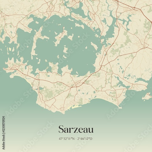 Retro map of Sarzeau, Bretagne, France. Vintage street map. photo