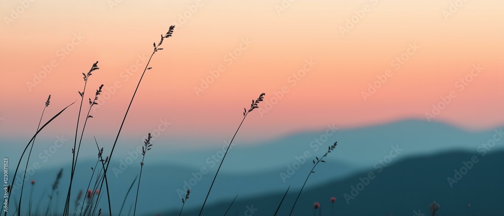 Fototapeta premium Grass Silhouettes at Soft Sunset with Mountain Backdrop