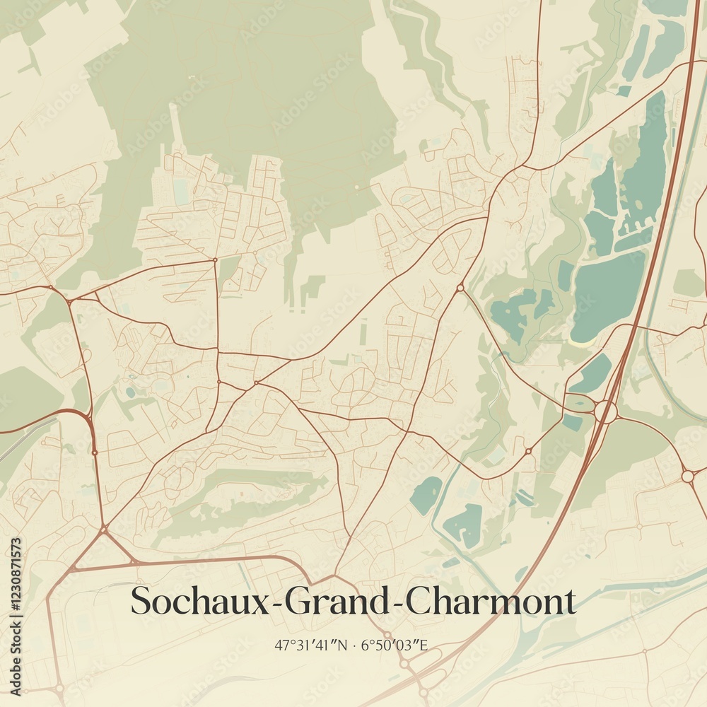 Obraz premium Retro map of Sochaux-Grand-Charmont, Bourgogne-Franche-Comt�, France. Vintage street map.