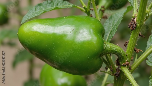 Vibrant jalapeo pepper on plant with reflective surface and soil on stem photo