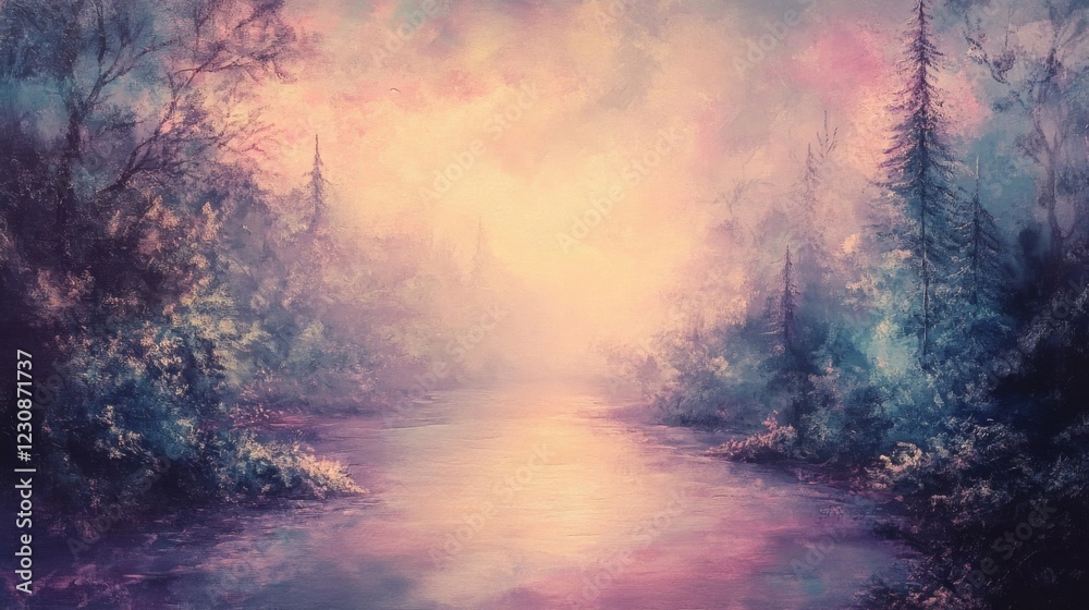 Naklejka premium Pastel Landscape Painting of a Misty River in a Forest at Dawn