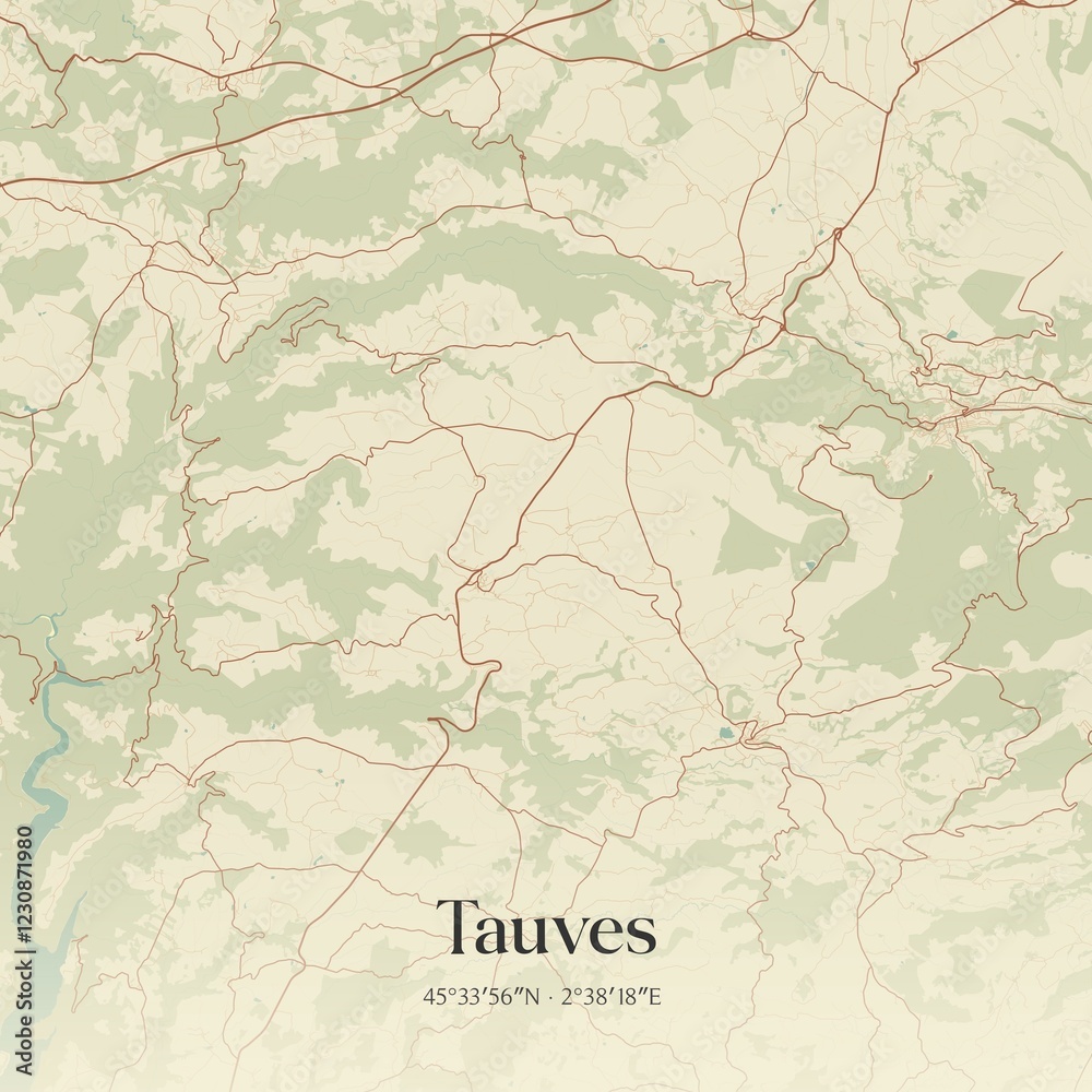 Fototapeta premium Retro map of Tauves, Auvergne-Rh�ne-Alpes, France. Vintage street map.