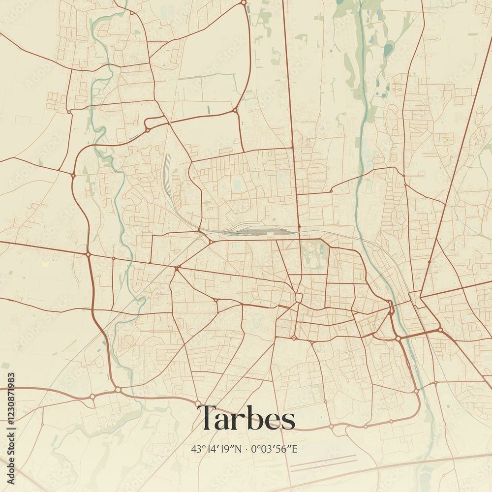 Fototapeta premium Retro map of Tarbes, Occitanie, France. Vintage street map.