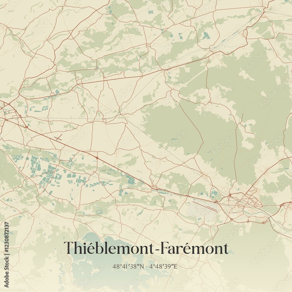 Obraz premium Retro map of Thi�blemont-Far�mont, Grand Est, France. Vintage street map.