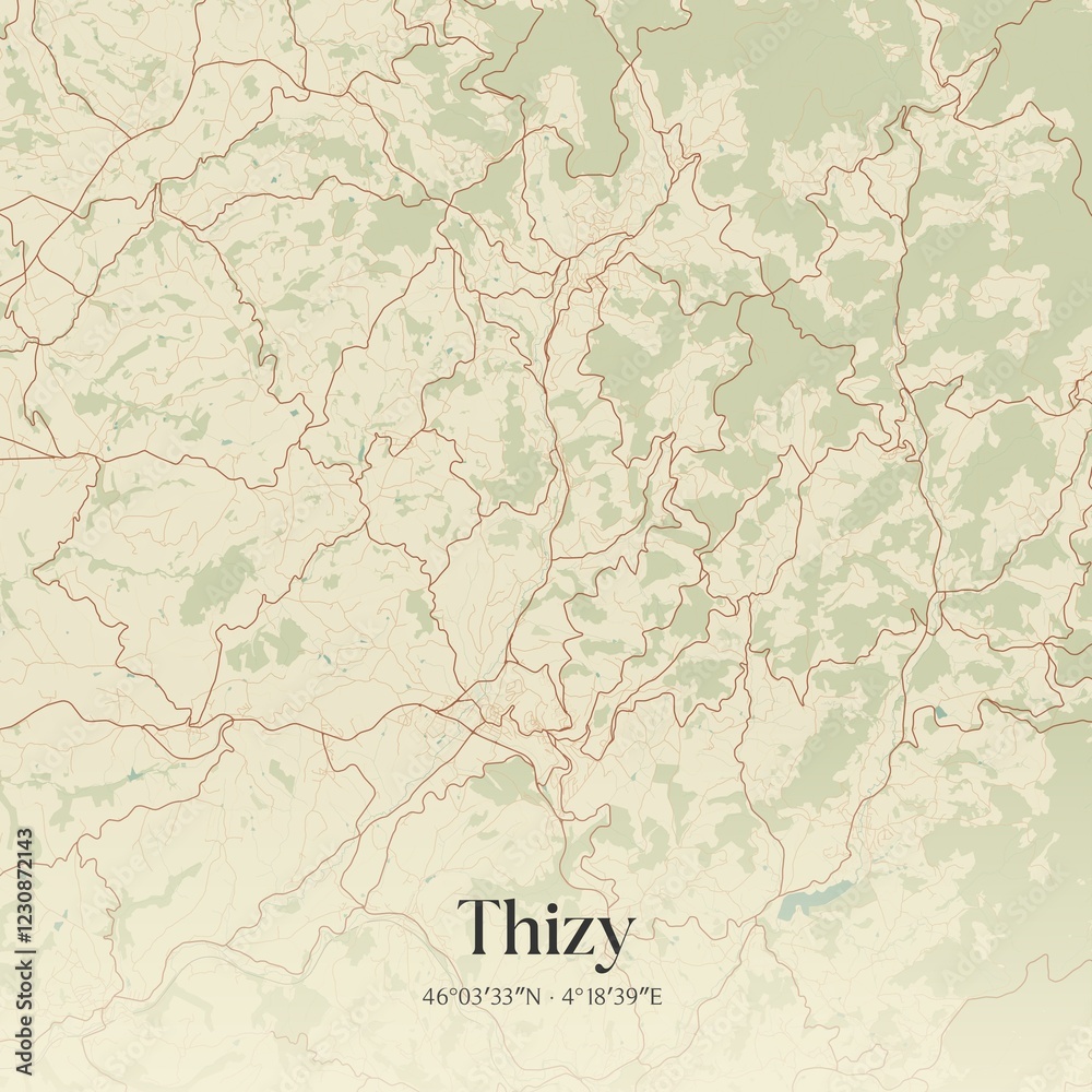 Fototapeta premium Retro map of Thizy, Auvergne-Rh�ne-Alpes, France. Vintage street map.