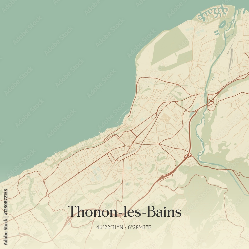 Fototapeta premium Retro map of Thonon-les-Bains, Auvergne-Rh�ne-Alpes, France. Vintage street map.
