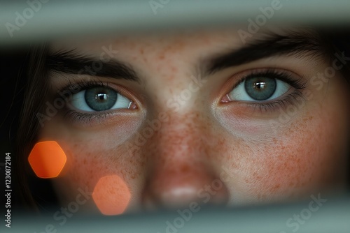 Close-Up of a Woman's Eyes with Freckles and Bokeh Lights